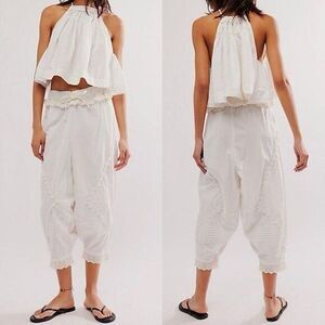 Free People Beach Life Pants Cotton Mid-Rise Cropped Lace Eyelet Ivory S 285767